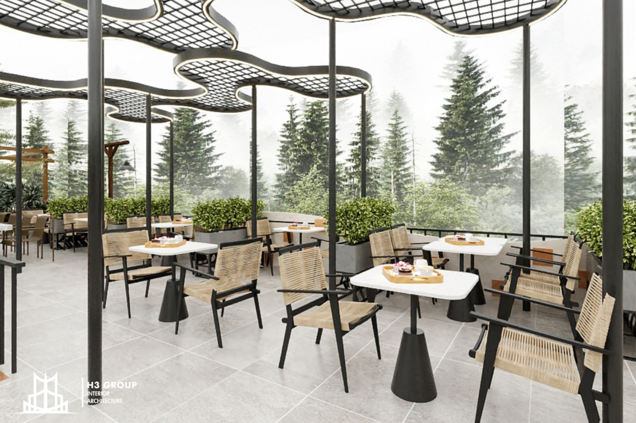 Bố cục trong quán cà phê ngoài trời cần được phân chia linh hoạt