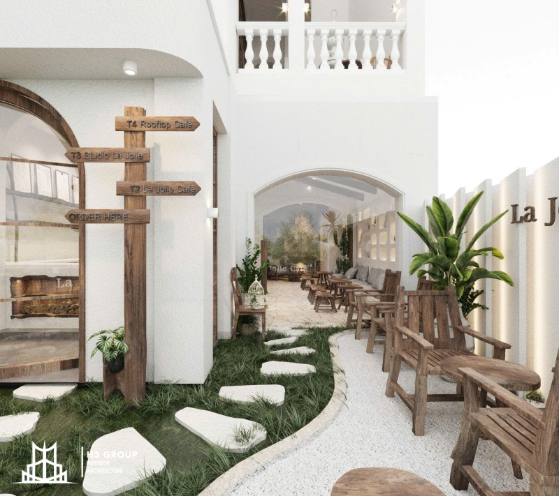 Mẫu thiết kế quán cafe sân vườn 200m2 theo phong cách đương đại với gam màu trung tính tạo cảm giác thư giãn