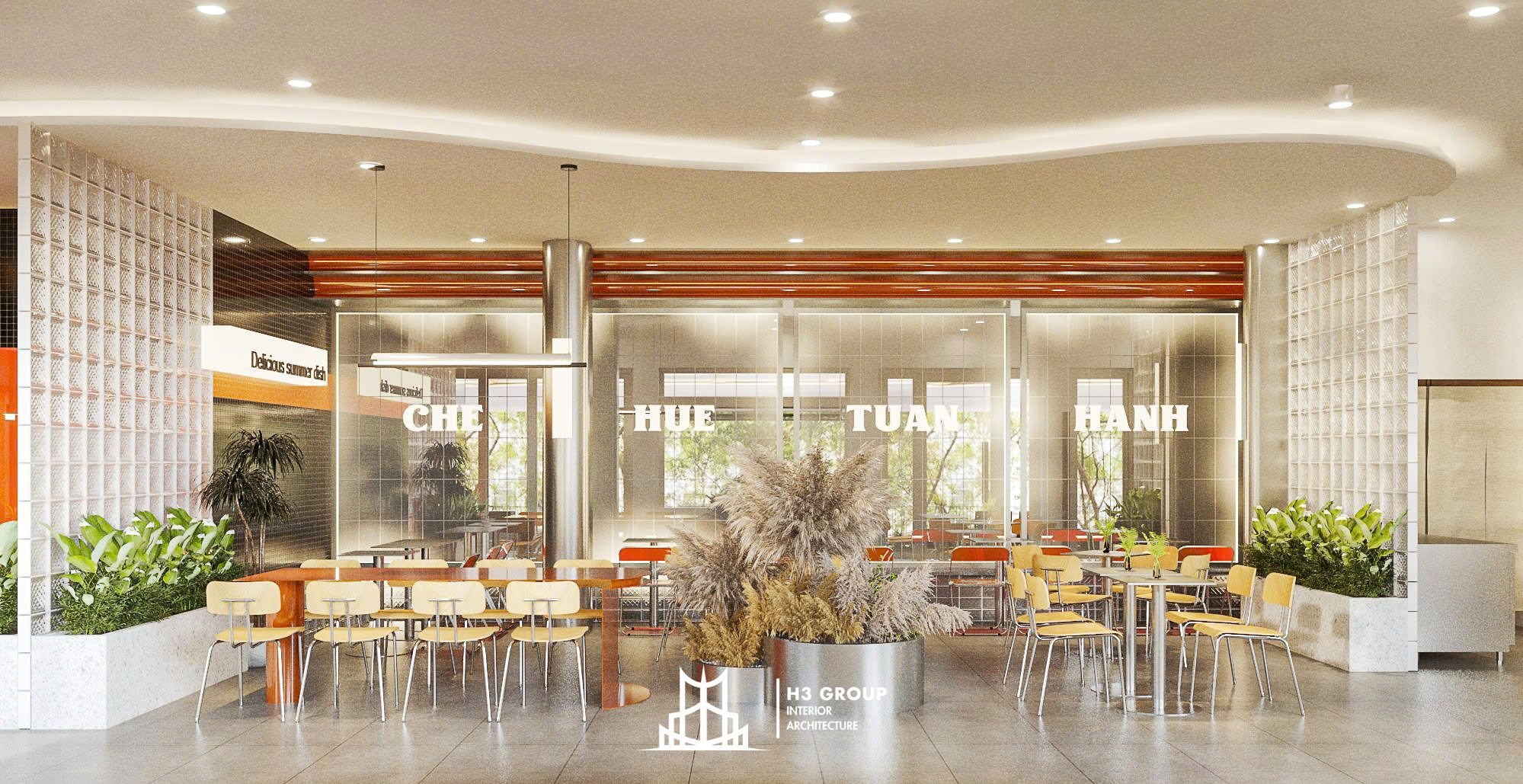 Không gian mở tại quán cafe sân vườn phong cách đương đại, kết nối không gian bên trong và bên ngoài bằng cửa kính lớn