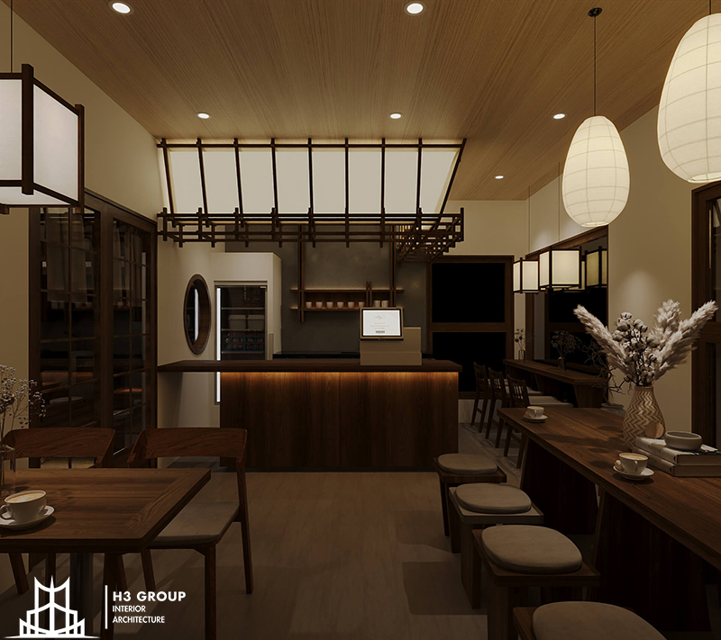 Quán cafe sân vườn Nhật Bản với không gian bên trong sử dụng ánh đèn vàng chủ đạo