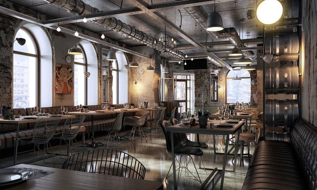 Bàn ghế được sắp xếp trong quán cafe kiểu công nghiệp sử dụng những vật liệu như sắt sơn tĩnh điện, gỗ thô,... với đường nét thiết kế khỏe khoắn