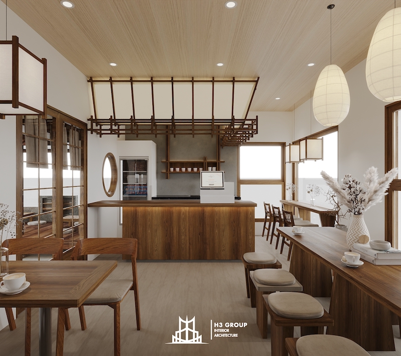 Dự án Kistsune Coffee do H3 Group thiết kế theo phong cách Nhật Bản với nội thất gỗ bao phủ không gian