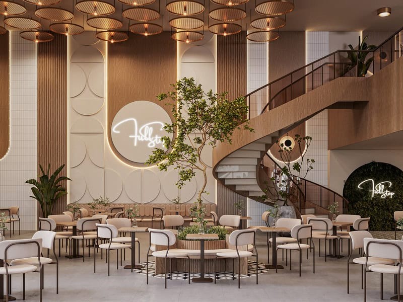 Cầu thang xoắn ốc góp phần mang đến cho không gian quán cafe 2 tầng sự mới lạ, thú vị