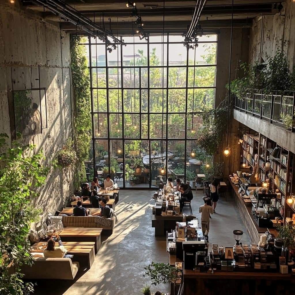 Quán cafe phong cách công nghiệp khai thác triệt để ánh sáng tự nhiên từ khung cửa lớn có chia ô, kết hợp với hệ thống đèn rọi ray mang lại cảm giác ấm áp.