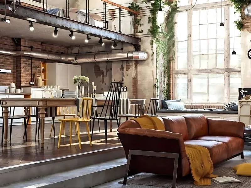 Thiết kế Rustic kết hợp Industrial phù hợp với quán cafe có diện tích vừa đến lớn, trần cao, thoáng và nhiều ánh sáng tự nhiên