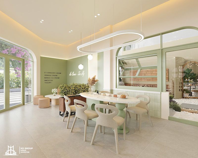 Dự án An Cream & Tea do H3 Group thiết kế theo phong cách hiện đại với màu xanh cốm chủ đạo, mang lại cảm giác dễ chịu và thoải mái