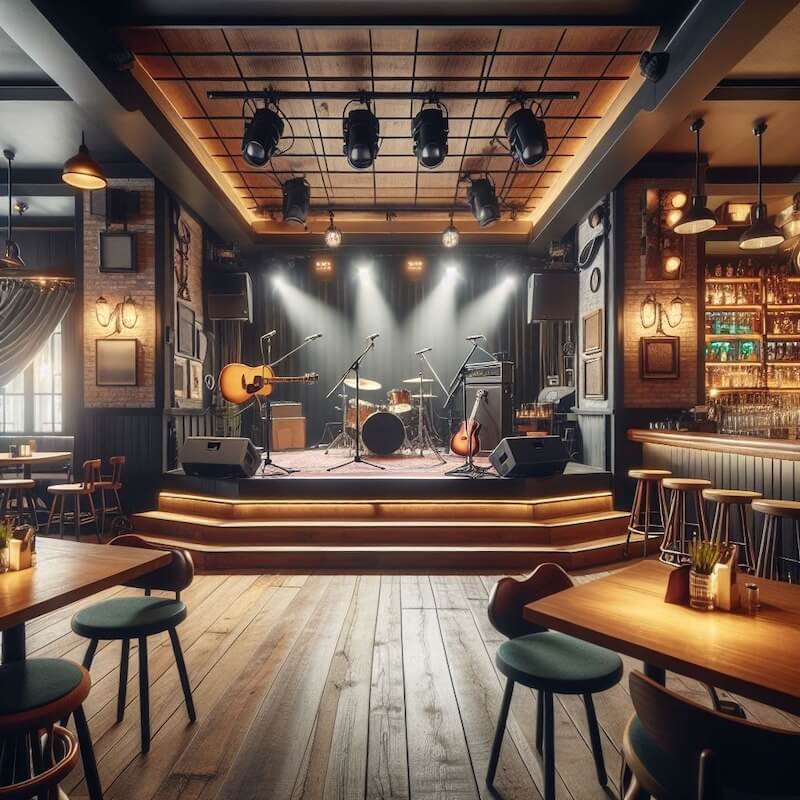 Sân khấu của quán cafe acoustic được thiết kế cao và tinh tế, giúp khách ngồi xa vẫn dễ dàng theo dõi buổi biểu diễn