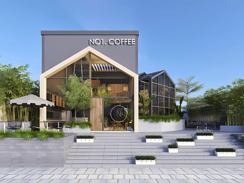 Thiết kế quán cafe chú trọng lựa chọn cửa ra vào, biển hiệu và mái hiên đồng bộ, tạo nên tổng thể hài hòa, giữ trọn phong cách hiện đại