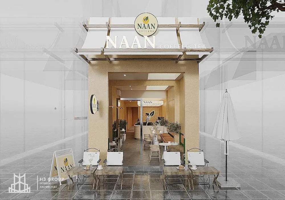 Mặt tiền quán cafe phong cách Tối giản (Minimalism) đề cao sự tinh gọn, ít chi tiết, tập trung vào hình khối, màu trung tính