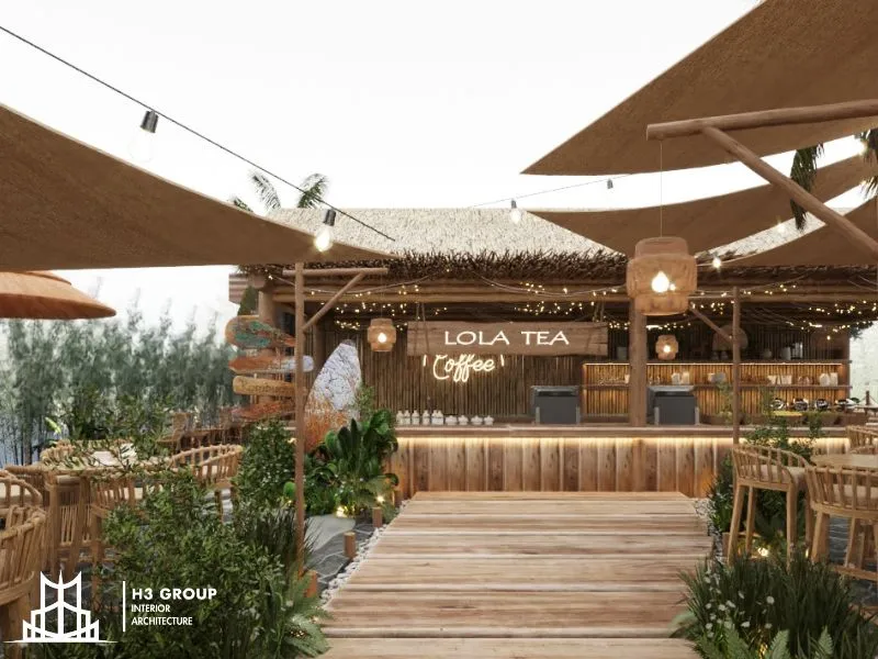 Dự án LoLa Tea sử dụng vật liệu tre hoặc gỗ thi công quầy bar, tạo nên đẹp độc đáo, ấn tượng