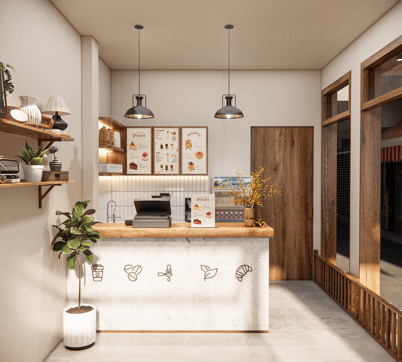 Mẫu thiết kế quán cafe với quầy bar nhỏ gọn, tối giải, kết hợp gỗ mộc và ánh sáng vàng dịu nhẹ