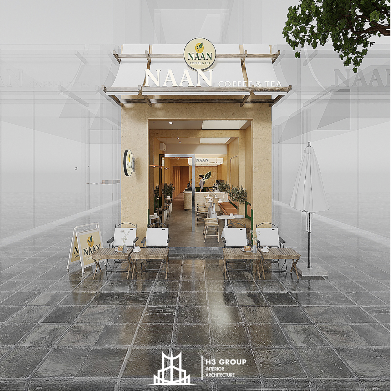 H3 Group hướng đến thiết kế không gian siêu nhỏ với sự tinh tế trong từng chi tiết – từ bảng màu trung tính, vật liệu mộc mạc đến cách xử lý ánh sáng và mặt tiền gọn gàng. Bố cục quán trà sữa nhỏ Naan luôn được tính toán kỹ lưỡng nhằm tận dụng tối đa diện tích sử dụng