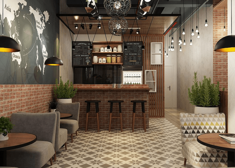 Mẫu thiết kế quán cafe 1 tầng với nền gạch hoa pha trộn nét hiện đại của vật trang trí, giúp không gian trở nên sinh động