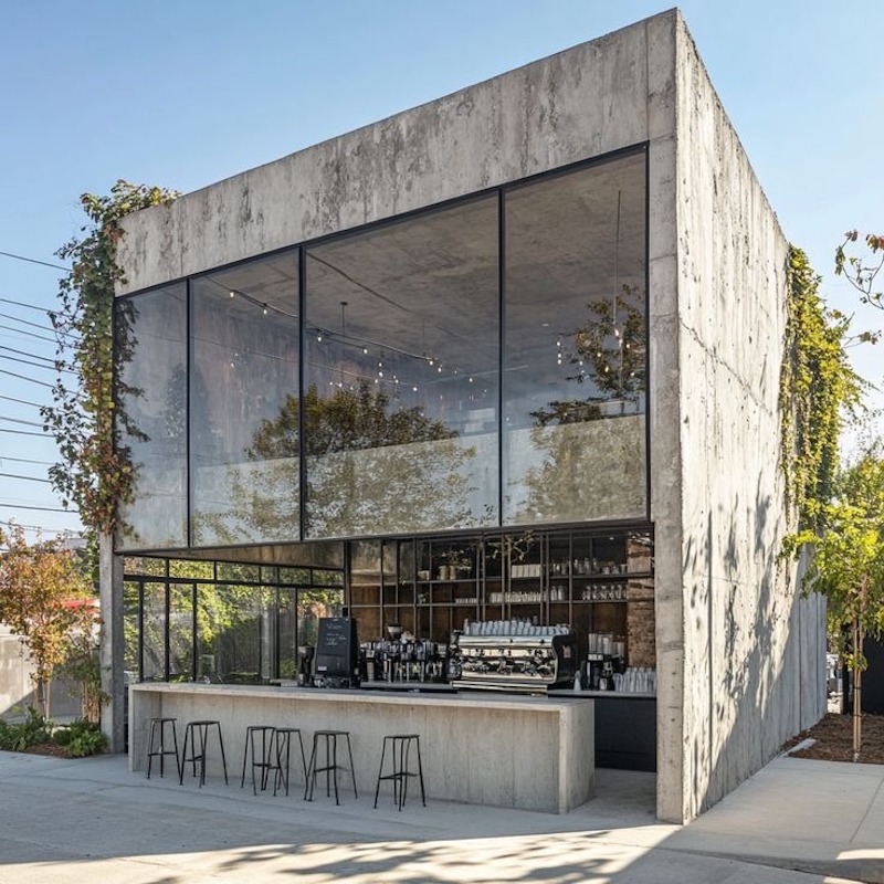 Quán cafe 2 tầng theo xu hướng hiện đại ngày nay thường sử dụng cửa kính lớn đón nắng, tạo không gian sáng sủa.