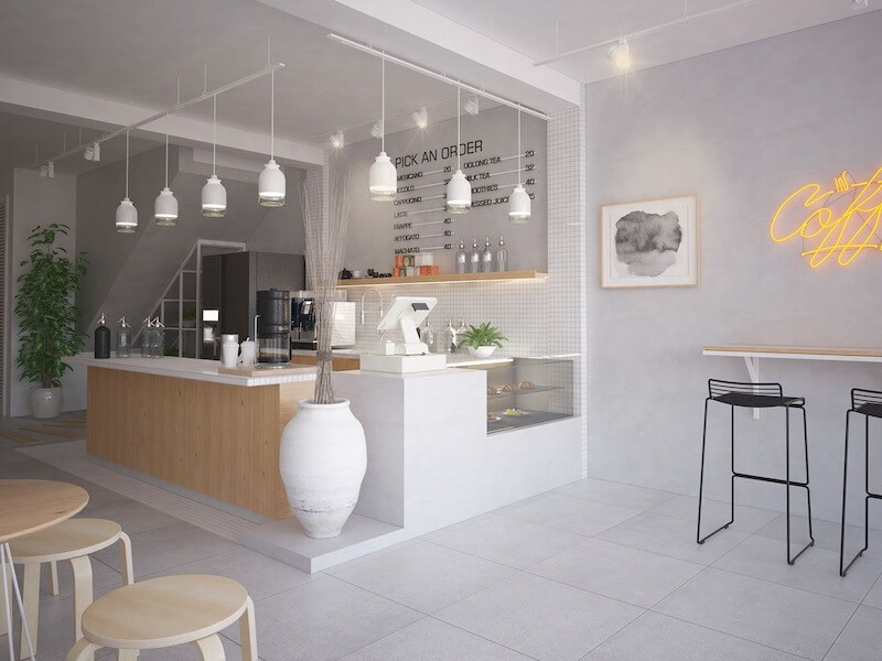 Không gian cafe hiện đại, thoáng đãng được thiết kế đơn giản, mang lại hiệu quả thẩm mỹ cao với ngân sách đầu tư được tối ưu hóa