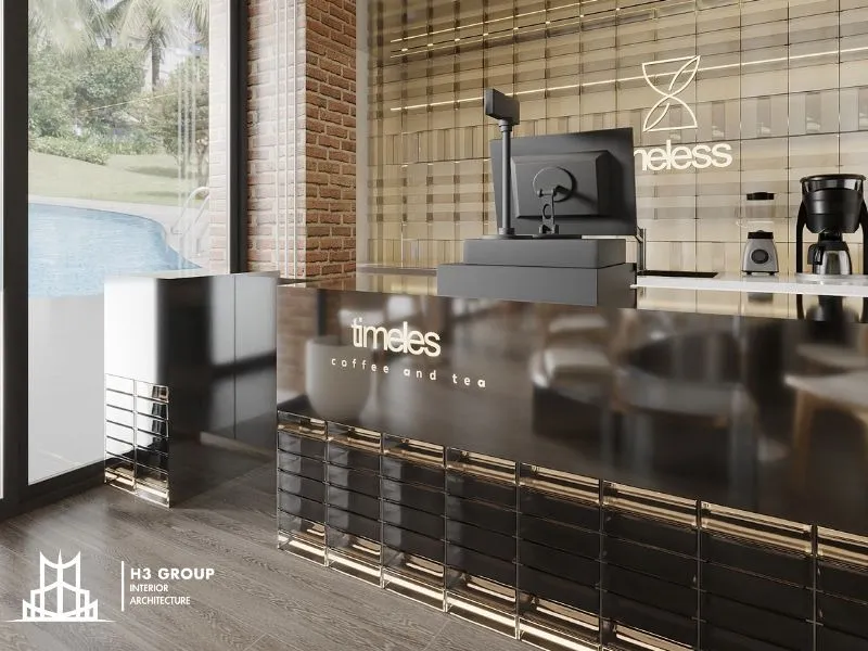 Dự án Timeless Coffee sử dụng kính mày làm vật liệu chính cho quầy bar