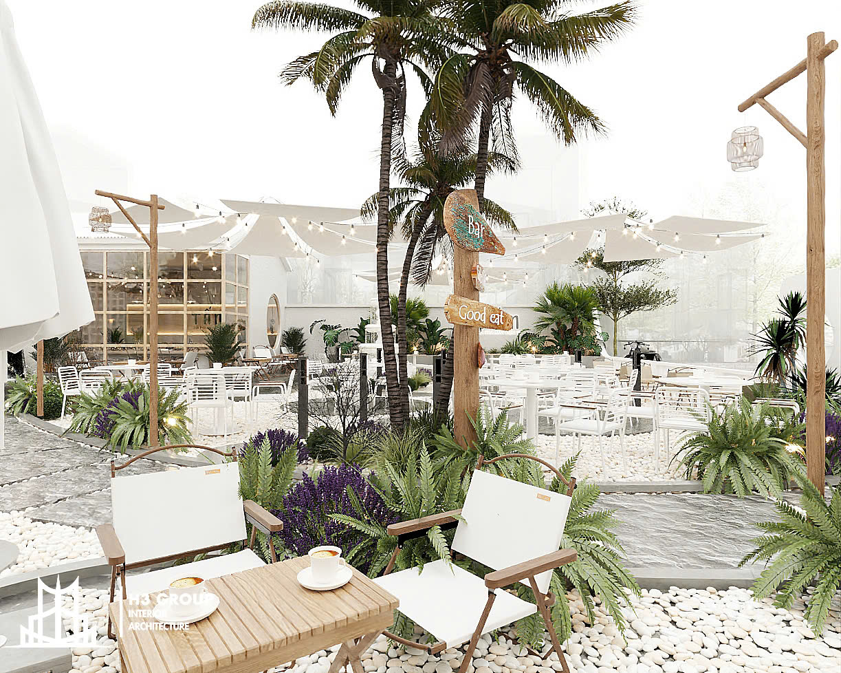 Dự án Tấm Coffee do H3 Group thiết kế mang phong cách Tropical với tông màu trắng - xanh chủ đạo
