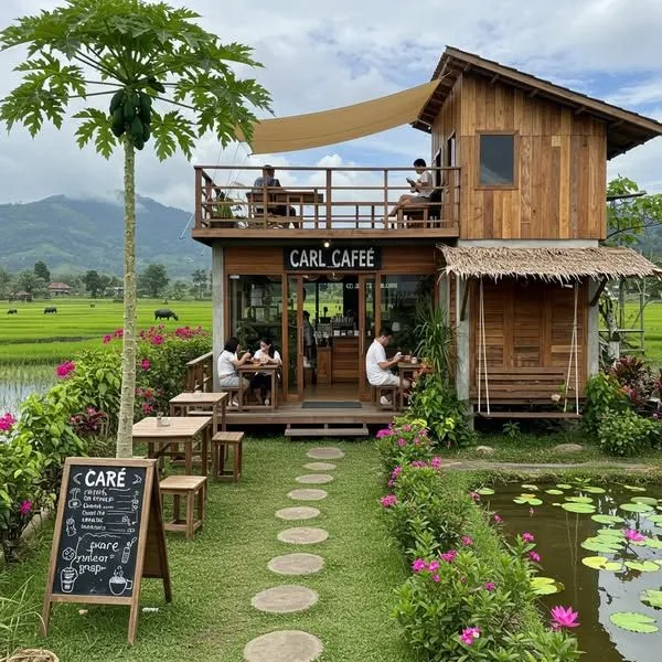 Sử dụng cổng gỗ thô, bảng hiệu viết tay và lối đi rợp cây xanh hai bên cho mặt tiền quán cà phê sân vườn tạo cảm giác thân thiện, gần gũi như bước vào một khu vườn nhỏ