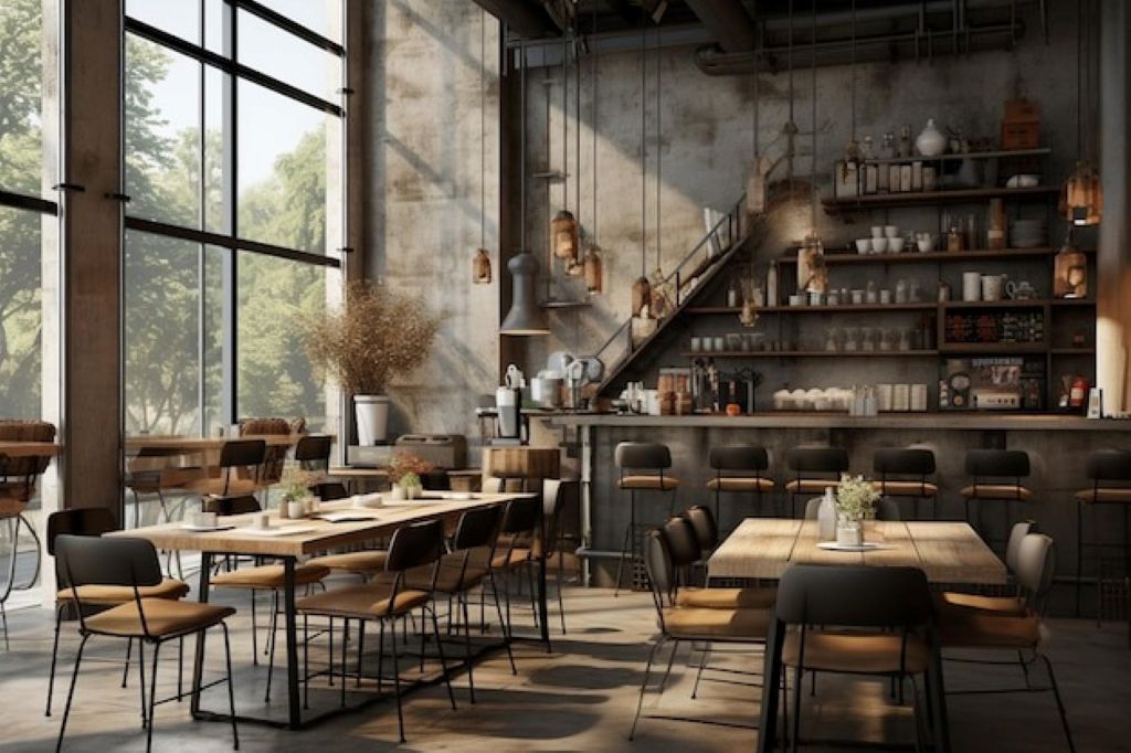 Nội thất sử dụng trong quán cafe Industrial hiện đại có thiết kế gọn nhẹ.