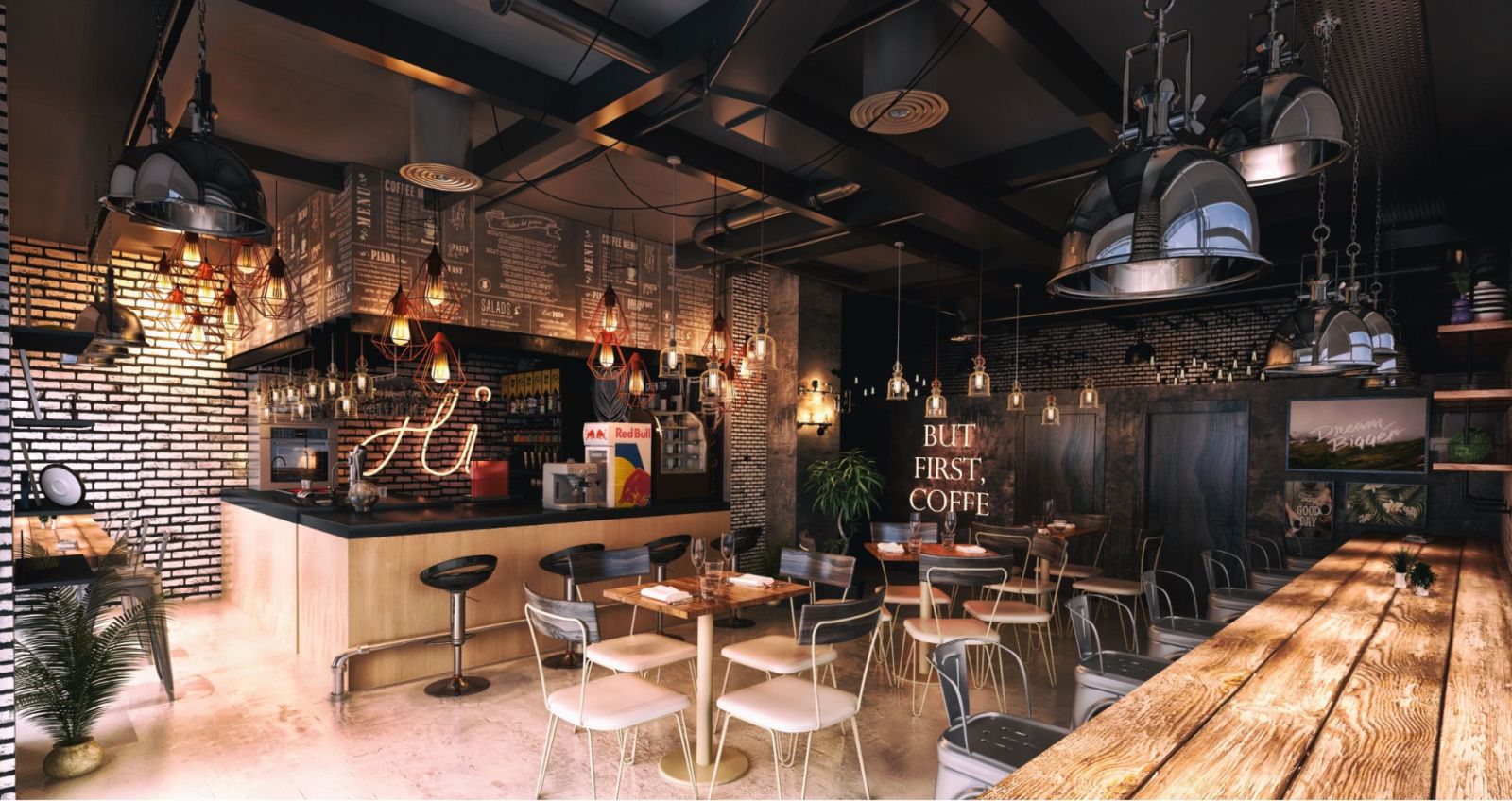 Quán cafe 100m2 với phong cách Industrial