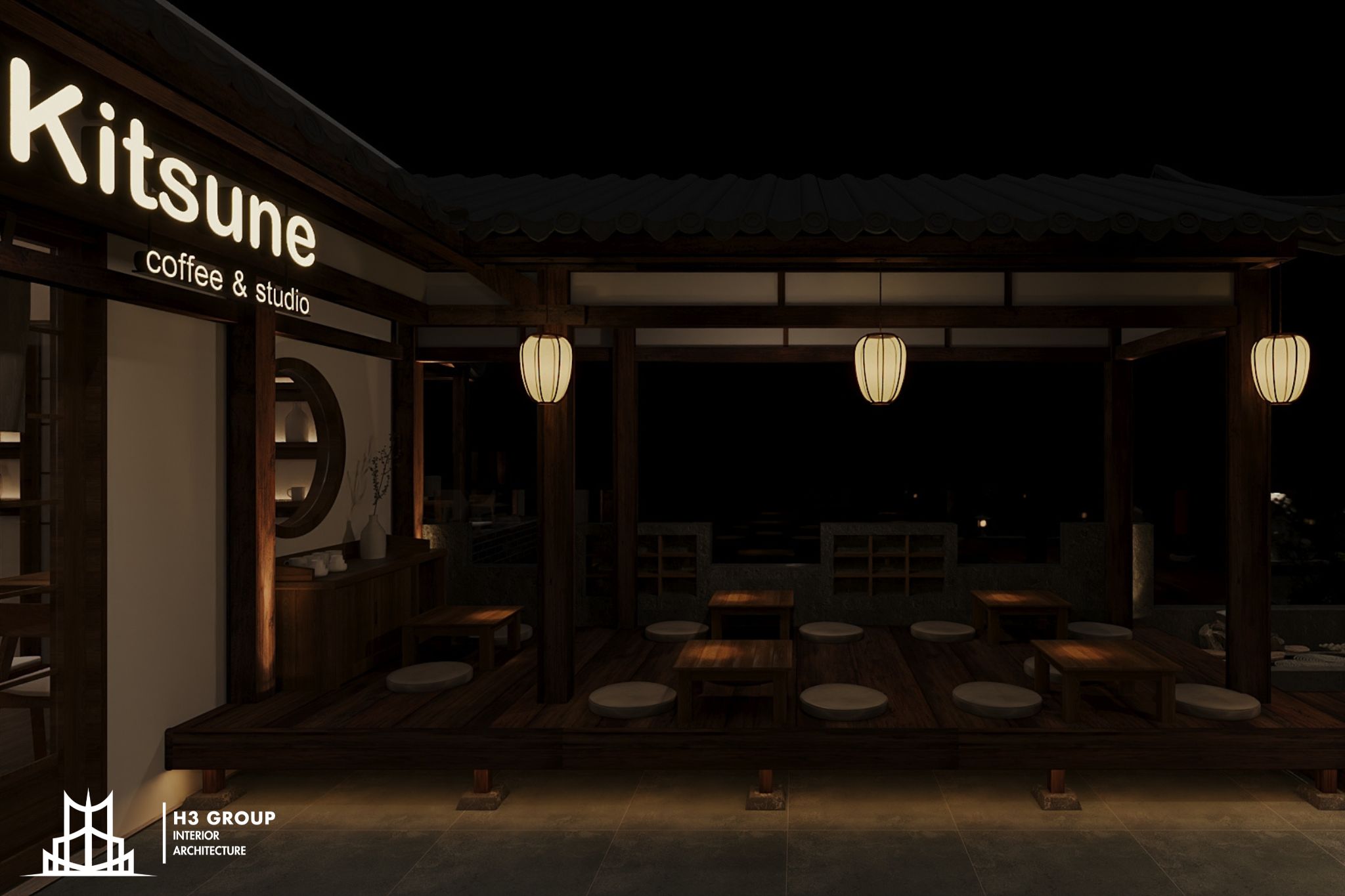 Kitsune Cafe được thiết kế theo phong cách Nhật bản với bố cục tối giản, ít chi tiết