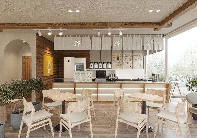 Quán cafe thiết kế theo phong cách Wabi-Sabi sử dụng tone màu be chủ đạo kết hợp vải linen trang trí quầy pha chế mang đậm thẩm mỹ Nhật Bản