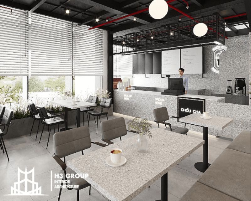 Trong dự án Choucha, hệ cửa kính lớn giúp không gian luôn ngập tràn ánh sáng tự nhiên kết hợp cùng trần nhà khung thép lộ kết cấu tạo nên vẻ đẹp hiện đại và phóng khoáng