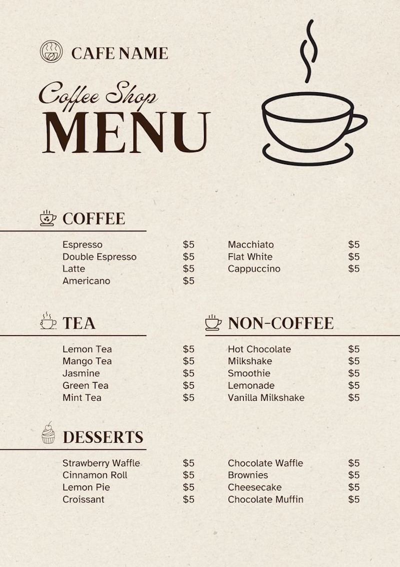 Menu cần được thiết kế dễ nhìn, rõ ràng và được phân chia thành từng mục như cafe, trà,... thuận tiện cho khách lựa chọn