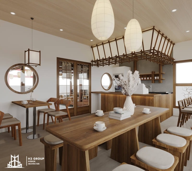 Quán cafe phong cách Rustic ấm cúng với nội thất gỗ mộc tự nhiên, ánh sáng dịu nhẹ và các chi tiết trang trí thủ công, mang đến cảm giác gần gũi, mộc mạc và thư thái