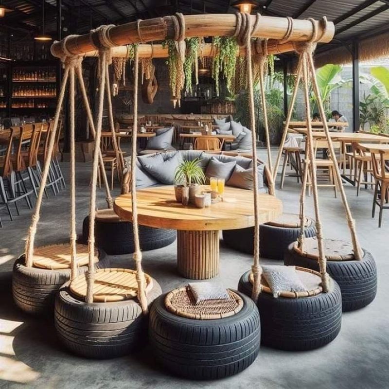 Decor từ lốp xe cũ mang tinh thần thân thiện với môi trường, truyền tải thông điệp sống xanh đến khách hàng