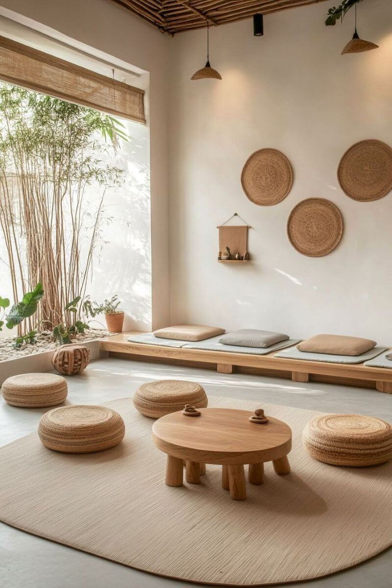 Quán cafe ngồi bệt tận dụng ánh sáng tự nhiên kết hợp vật liệu thiên nhiên như gỗ và gối đan lát, tạo không gian ấm cúng, gần gũi và thư giãn