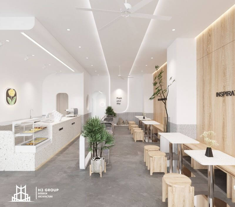 Phong cách thiết kế quán cafe hiện đại ưu tiên sự tối giản và tinh tế trong từng chi tiết kết hợp màu trắng tôn lên không gian đầy sang trọng