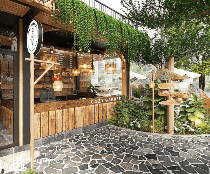 Dự án Cozy Garden ghi điểm với sự phối hợp tinh tế giữa gỗ, đá và khung thép, tạo nên tổng thể hiện đại mà vẫn giữ được nét mộc mạc, gần gũi