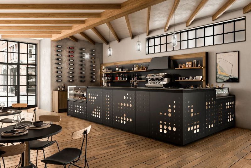 Quầy bar cafe ốp kim loại đen nhám giúp không gian thêm cá tính và ấn tượng