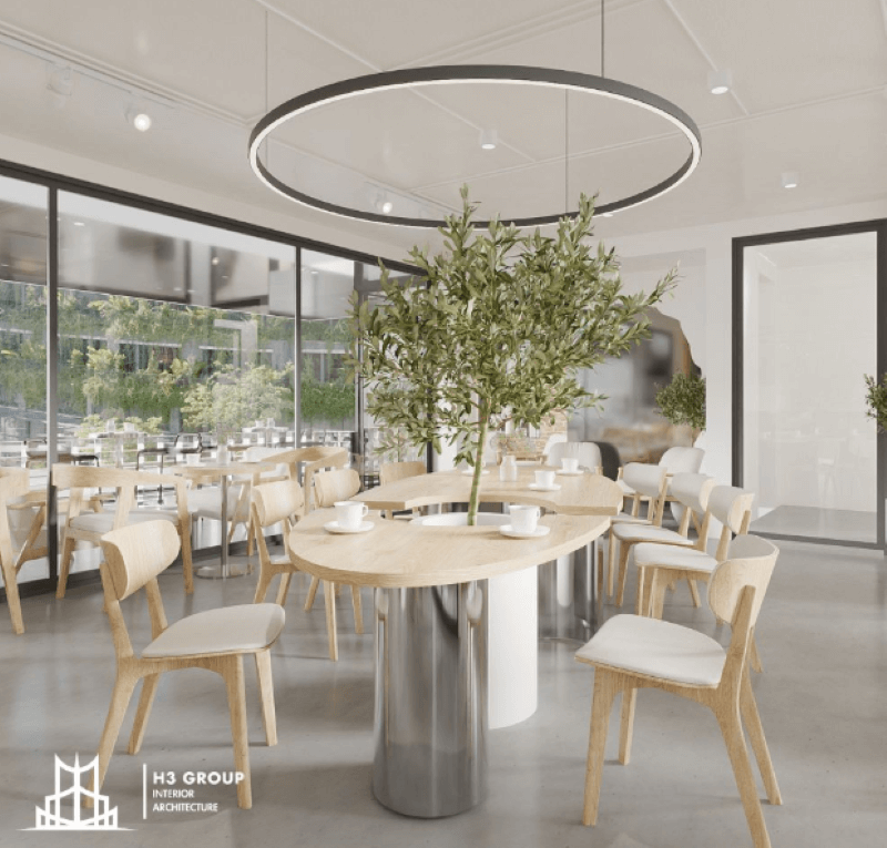 Không gian cafe hiện đại với bàn ghế tối giản, dễ thay đổi bố cục - giảm chi phí thi công và thuận tiện vận hành.