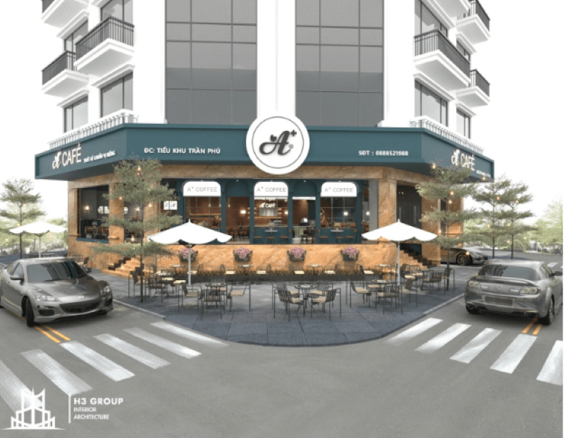 Biển hiệu quán A+ Coffee được thi công nổi bật với chữ "A+" ở chính diện, tạo điểm nhấn thu hút từ xa