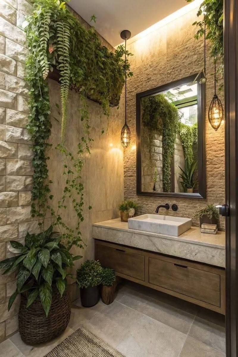 Không gian nhà vệ sinh phong cách Tropical với tường ốp gạch trắng, điểm nhấn là mảng tường gỗ và cây xanh, mang đến cảm giác tươi mới, gần gũi với thiên nhiên