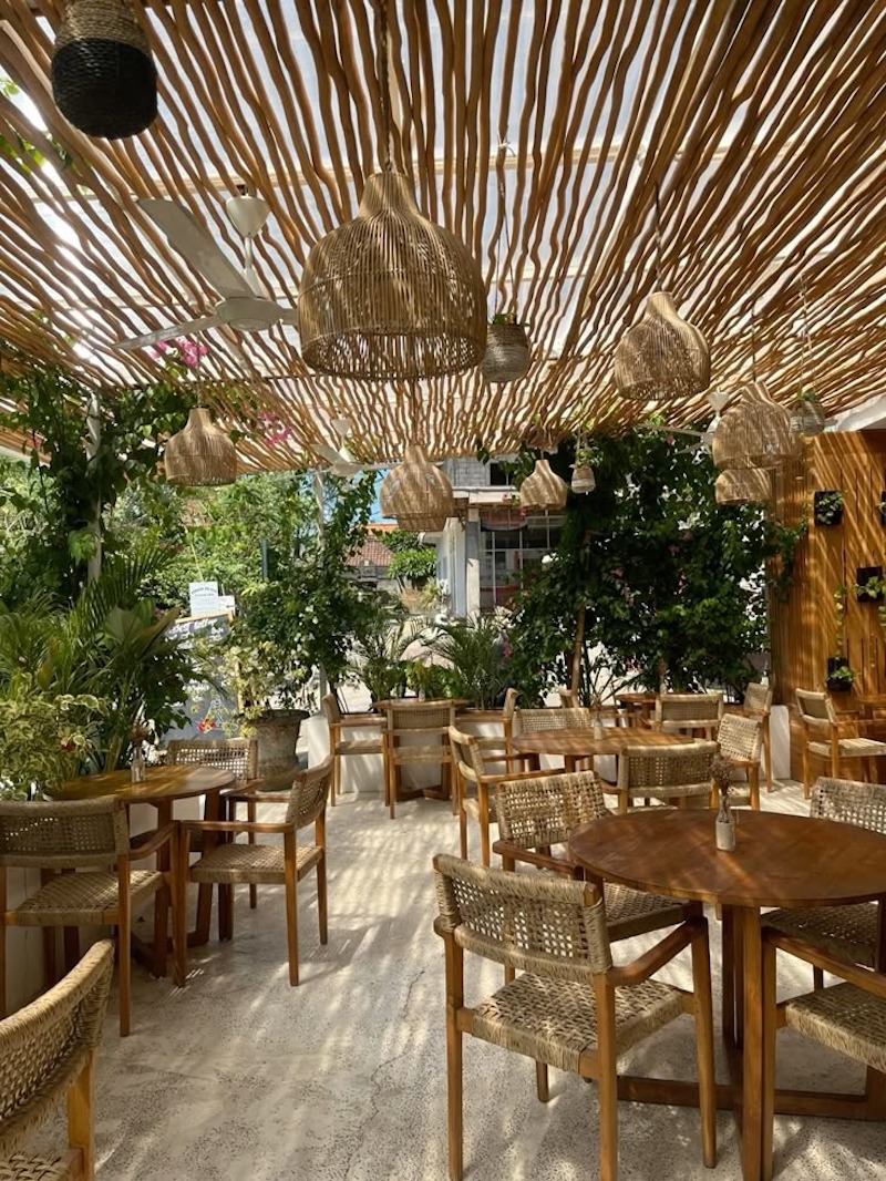 Quán cafe sân thượng phong cách Tropical với sắc xanh mát, bàn ghế mây tre và cây nhiệt đới tạo không gian nghỉ dưỡng giữa lòng phố