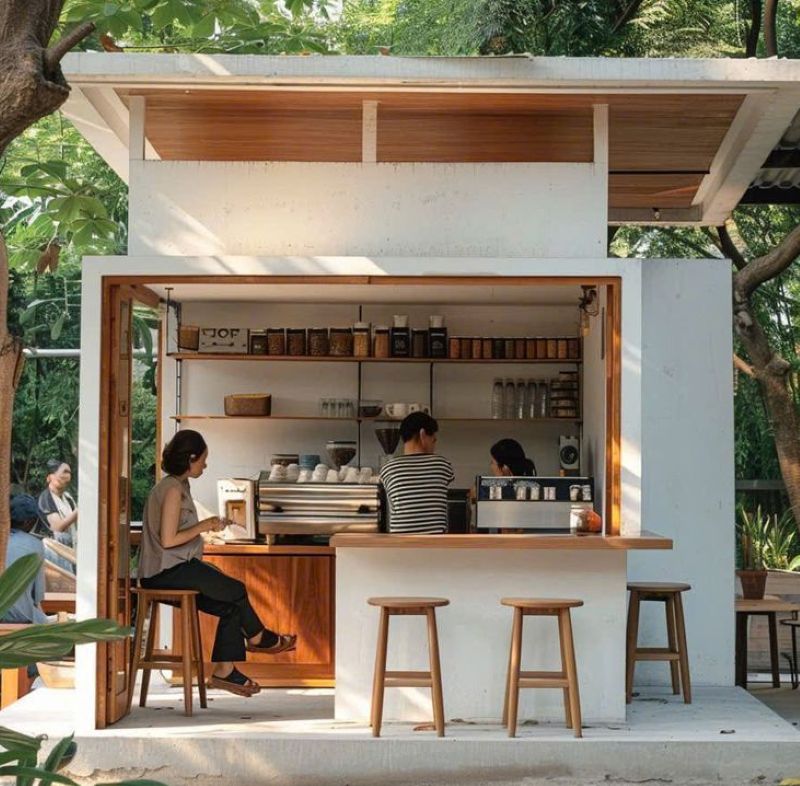 Quầy cafe ngoài trời tối giản, tận dụng sắc xanh thiên nhiên mang đến bầu không khí thư thái cho khách hàng