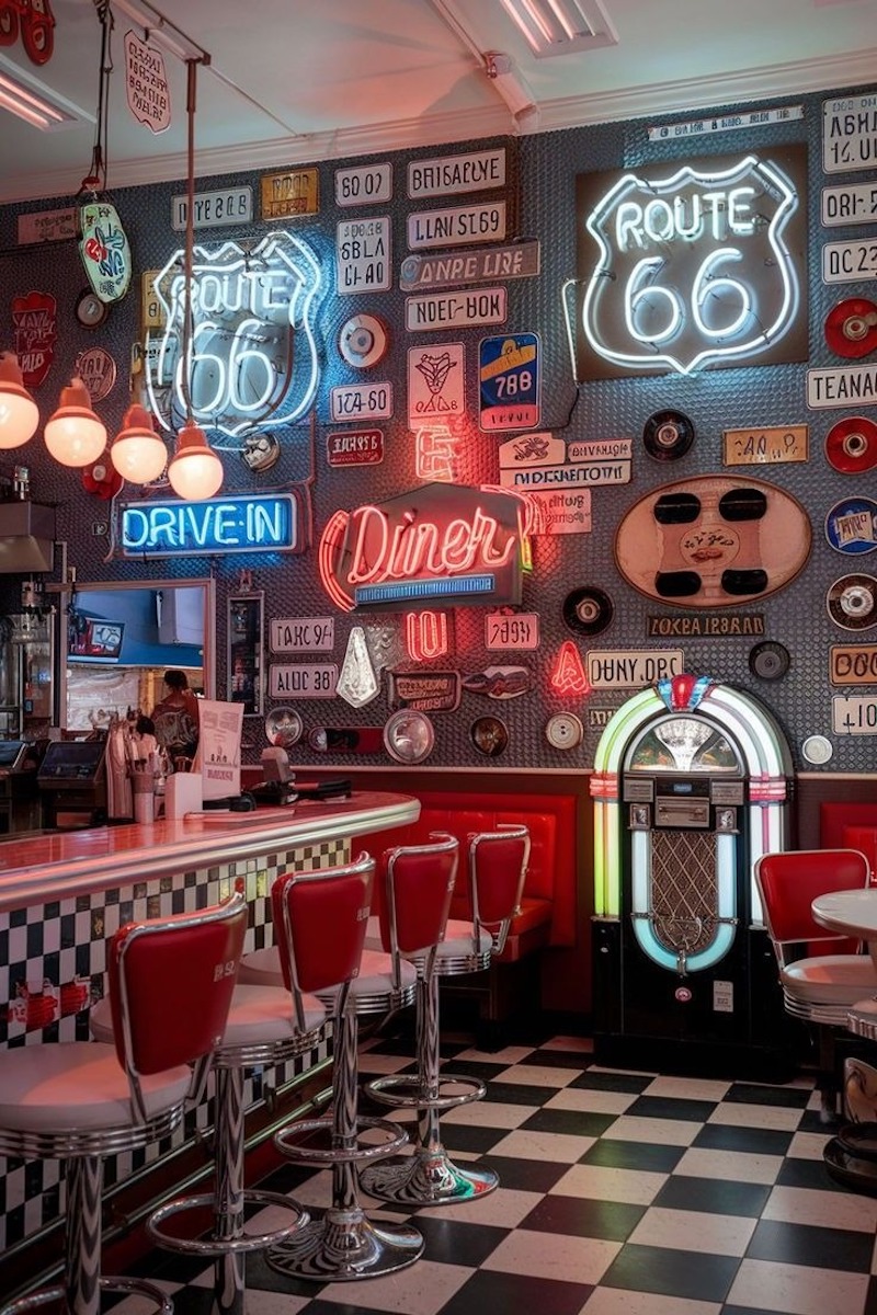Không gian cafe đậm chất Retro với những biển hiệu đèn neon rực rỡ mang tính biểu tượng như "Route 66" và "Diner", nổi bật trên nền sàn gạch ô bàn cờ đen-trắng kinh điển