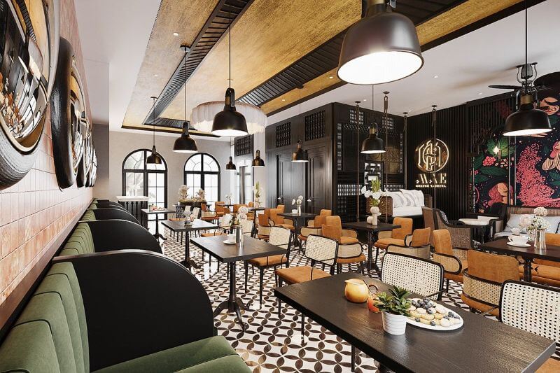 Phong cách thiết kế quán cafe Indochine sử dụng chất liệu mây, gạch bông để tôn lên vẻ đẹp giao thoa của kiến trúc Pháp và bản sắc văn hoá Á Đông