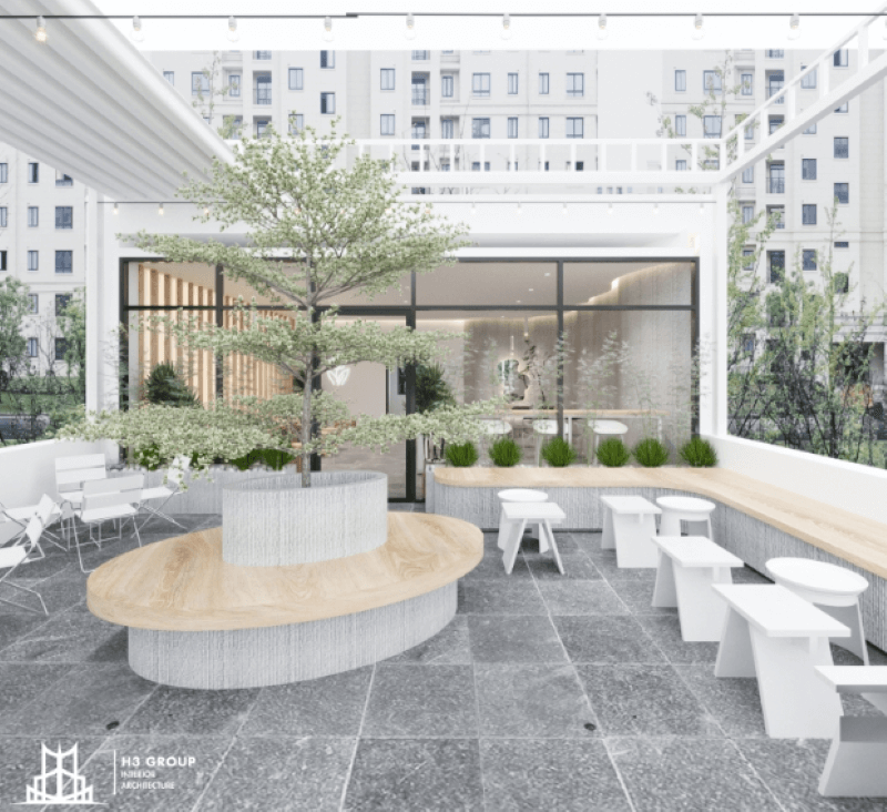 Thiết kế cafe sân trước nhỏ kết hợp cây xanh tạo sự gần gũi, tiết kiệm chi phí trang trí nhưng vẫn thu hút.
