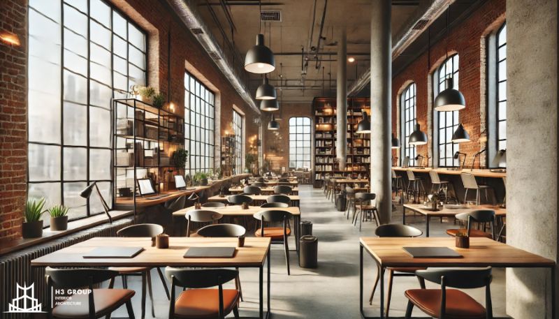 Thiết kế quán cafe theo phong cách Industrial với tường gạch thô, trần cao lộ hệ thống ống dẫn, tạo vẻ mạnh mẽ và phóng khoáng tạo không gian làm việc vừa thư giãn vừa hiện đại