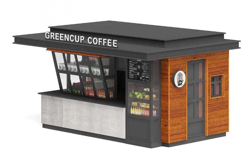 Quầy pha chế cafe nhỏ gọn với thiết kế cửa sổ phục vụ tiện lợi, trang bị đầy đủ máy móc hiện đại mang đến những ly cafe chuẩn vị cho khách qua đường