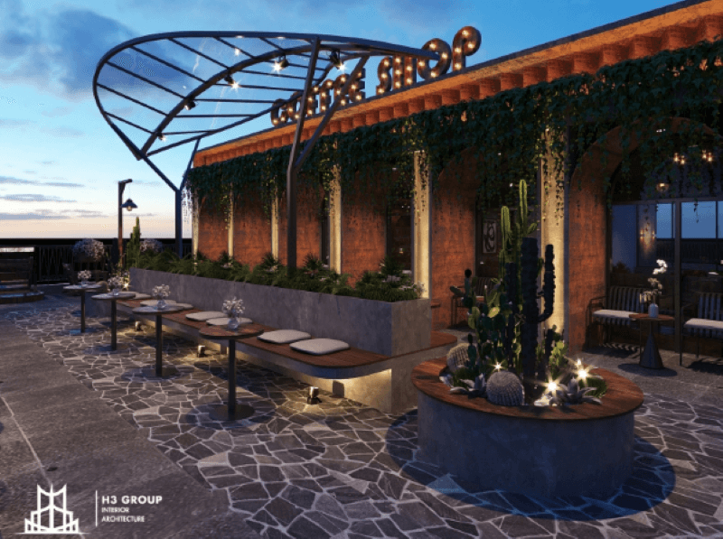 Dự án Local Cafe do H3 Group thiết kế với khu vực mái vòm lớn sử dụng các thanh thép màu đen chắc chắn, vừa đảm bảo công năng che mưa nắng, vừa tạo nên điểm nhấn kiến trúc độc đáo