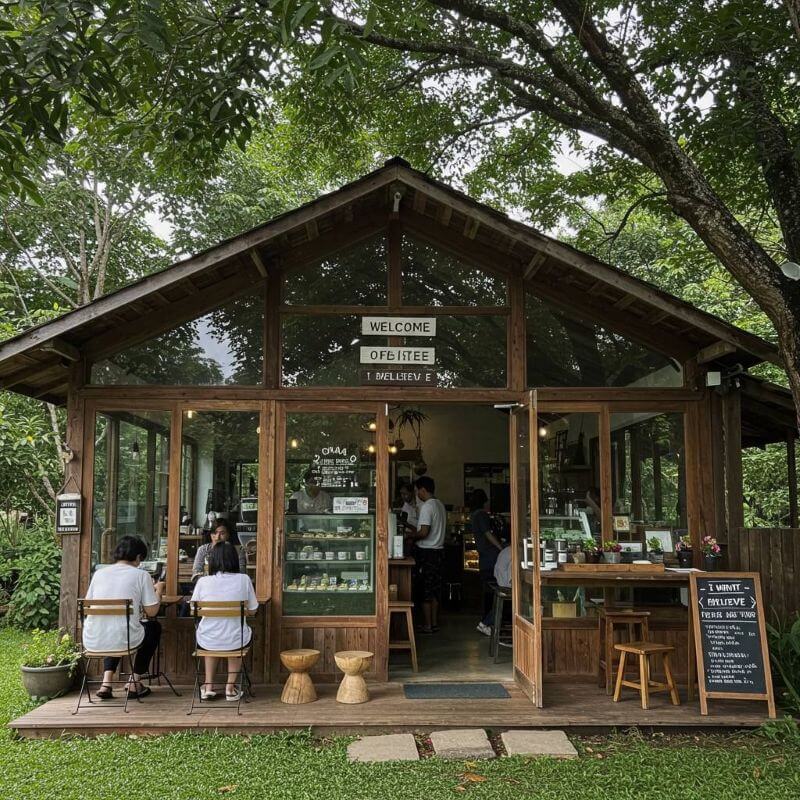 Tận dụng khoảng sân nhỏ phía trước để tạo điểm nhấn xanh cho quán cà phê tiền chế diện tích hạn chế