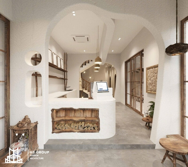 Quầy pha chế được thiết kế theo phong cách Bắc Âu, tinh tế với đầy đủ máy móc và kệ lưu trữ