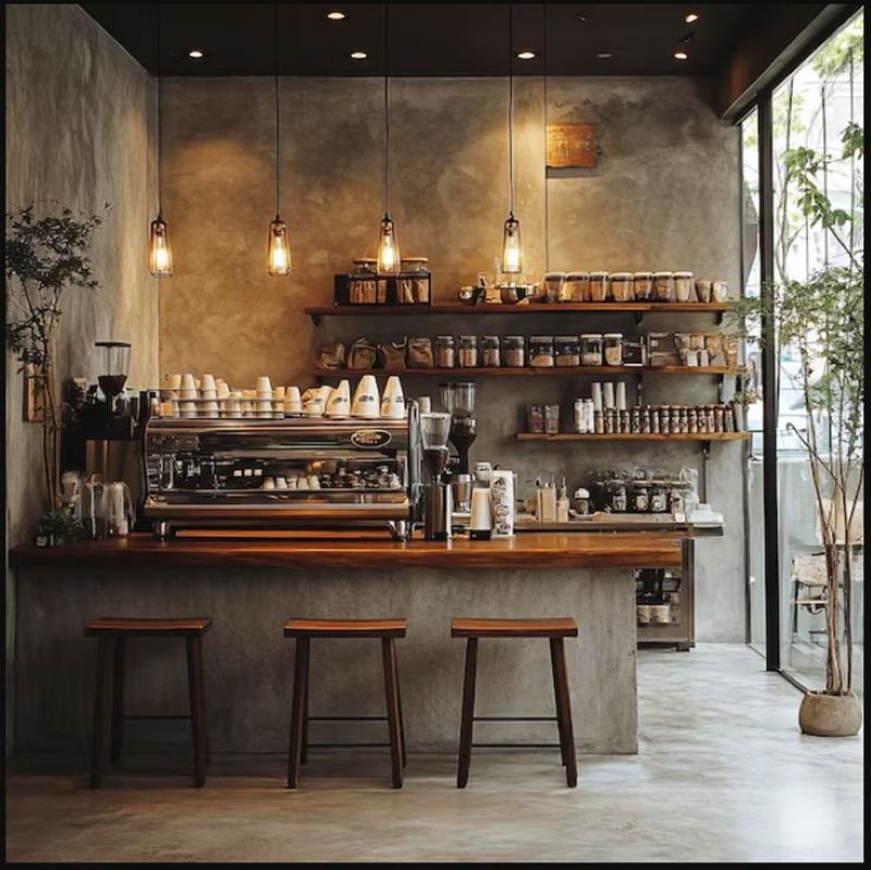 Quầy bar phong cách Industrial nổi bật với sự kết hợp giữa gỗ tự nhiên và bê tông thô, tạo nên vẻ đẹp mạnh mẽ và chân thực đầy cuốn hút