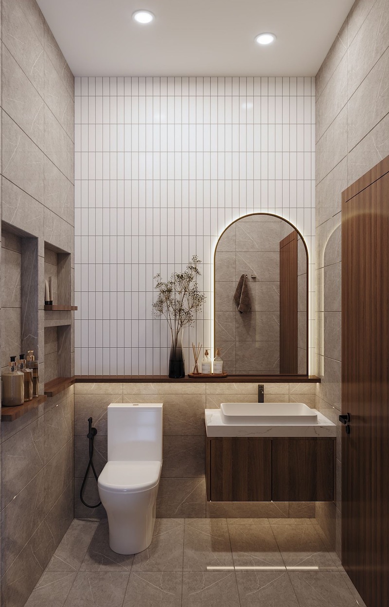 Nhà vệ sinh tối giản với các vật liệu đơn giản tạo không gian độc đáo, hiện đại và tinh tế
