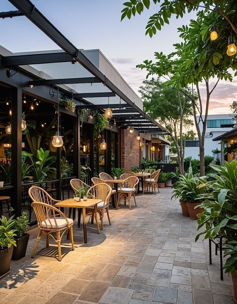 Tropical cafe trên cao sử dụng màu xanh lá chủ đạo kết hợp sắc vàng rực rỡ của hoa lá, tạo cảm giác tươi mới ngay từ ánh nhìn đầu tiên